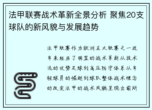 法甲联赛战术革新全景分析 聚焦20支球队的新风貌与发展趋势
