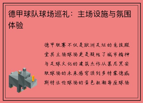 德甲球队球场巡礼：主场设施与氛围体验